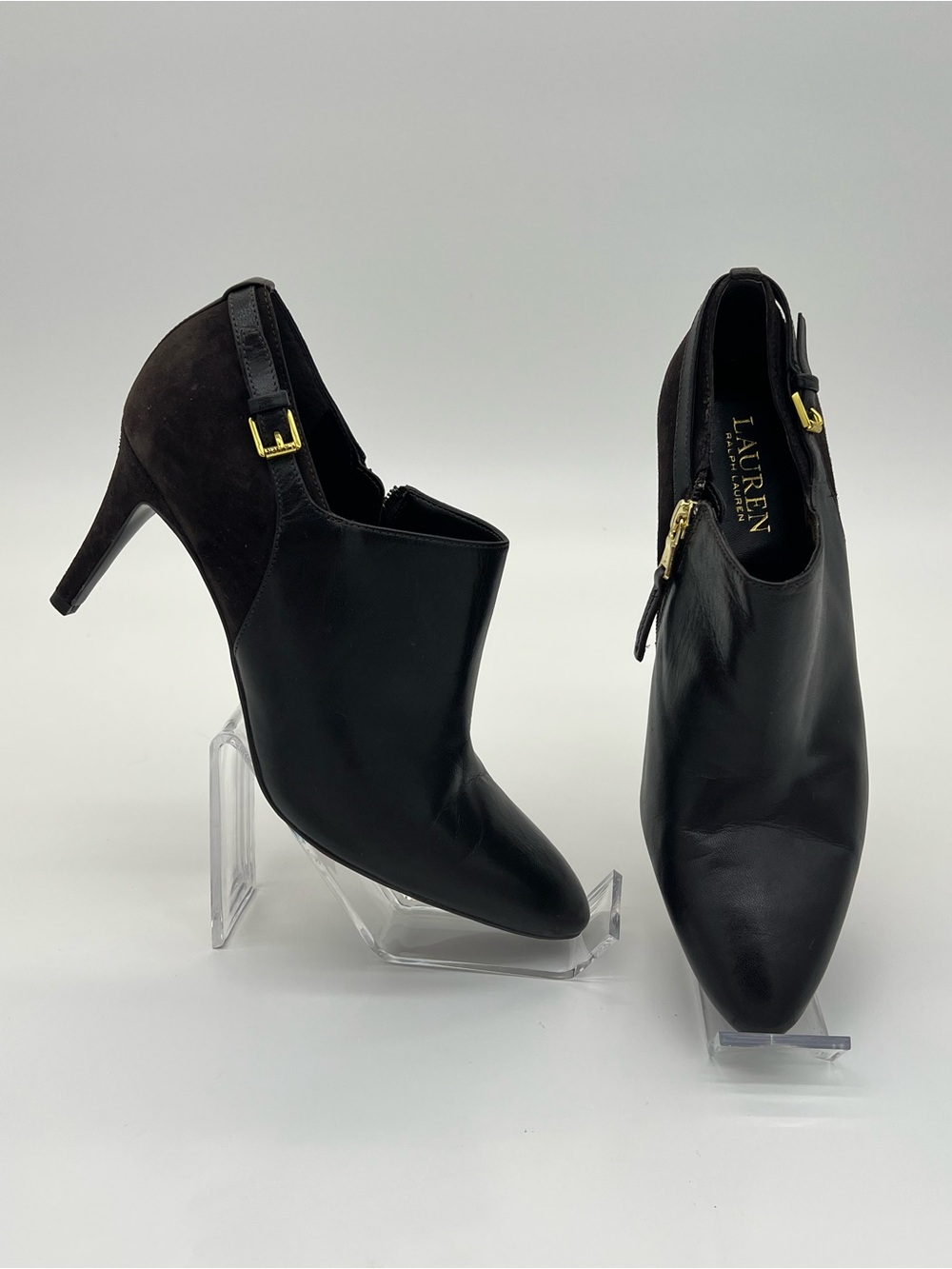 Ralph Lauren Brown Leather & Suede Pointed Heel Booties with Gold Accents size 8